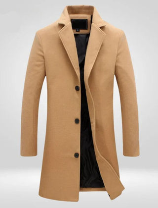 Men's wool coat by Christine Brewer, single-breasted long overcoat with a classic tailored fit, shown on a male model.