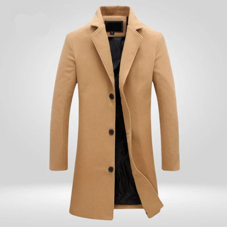 Men's wool coat by Christine Brewer, single-breasted long overcoat with a classic tailored fit, shown on a male model.