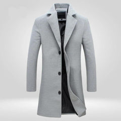 Men's wool coat by Christine Brewer, single-breasted long overcoat with classic tailored design, shown in a full-length view.