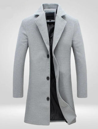 Men's wool coat by Christine Brewer, single-breasted long overcoat with classic tailored design, shown in a full-length view.