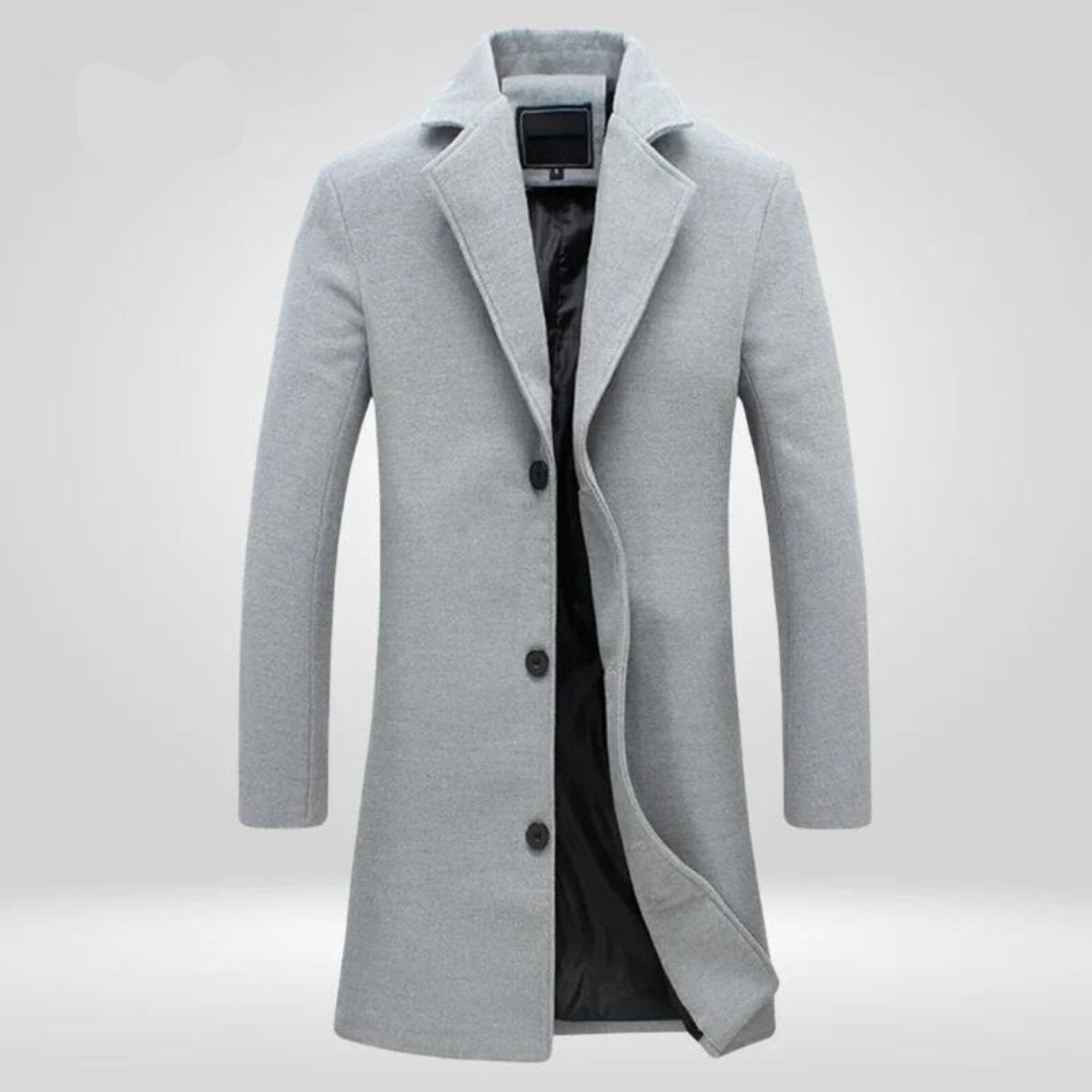 Men's wool coat by Christine Brewer, single-breasted long overcoat with classic tailored design, shown in a full-length view.