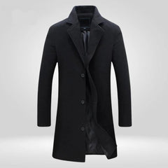 Men's wool coat by Christine Brewer, single-breasted long overcoat with a classic tailored fit and warm wool fabric.