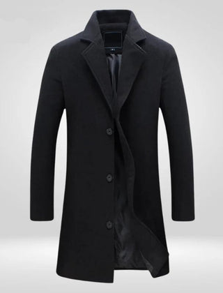 Men's wool coat by Christine Brewer, single-breasted long overcoat with a classic tailored fit and warm wool fabric.