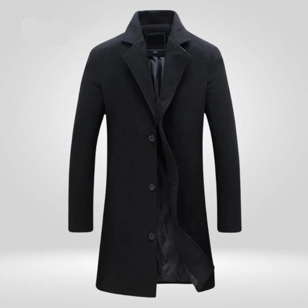 Men's wool coat by Christine Brewer, single-breasted long overcoat with a classic tailored fit and warm wool fabric.