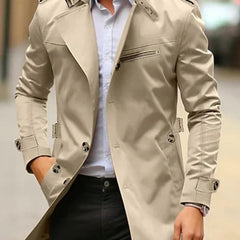 Men's wool coat by Christine Brewer, slim-fit double-breasted trench overcoat with classic design and tailored fit.