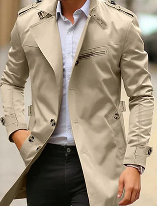 Men's wool coat by Christine Brewer, slim-fit double-breasted trench overcoat with classic design and tailored fit.