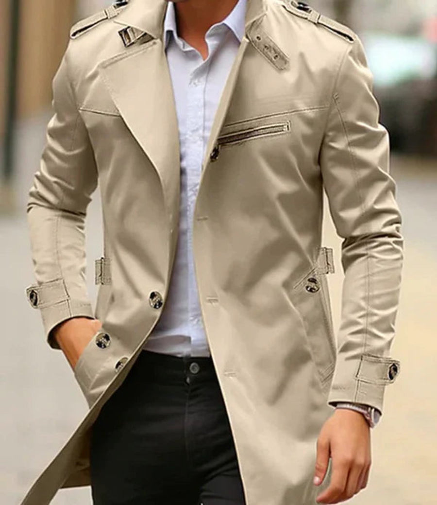 Men's wool coat by Christine Brewer, slim-fit double-breasted trench overcoat with classic design and tailored fit.
