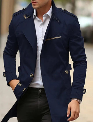 Men's wool slim-fit double-breasted trench coat by Christine Brewer, featuring a classic design and tailored fit.