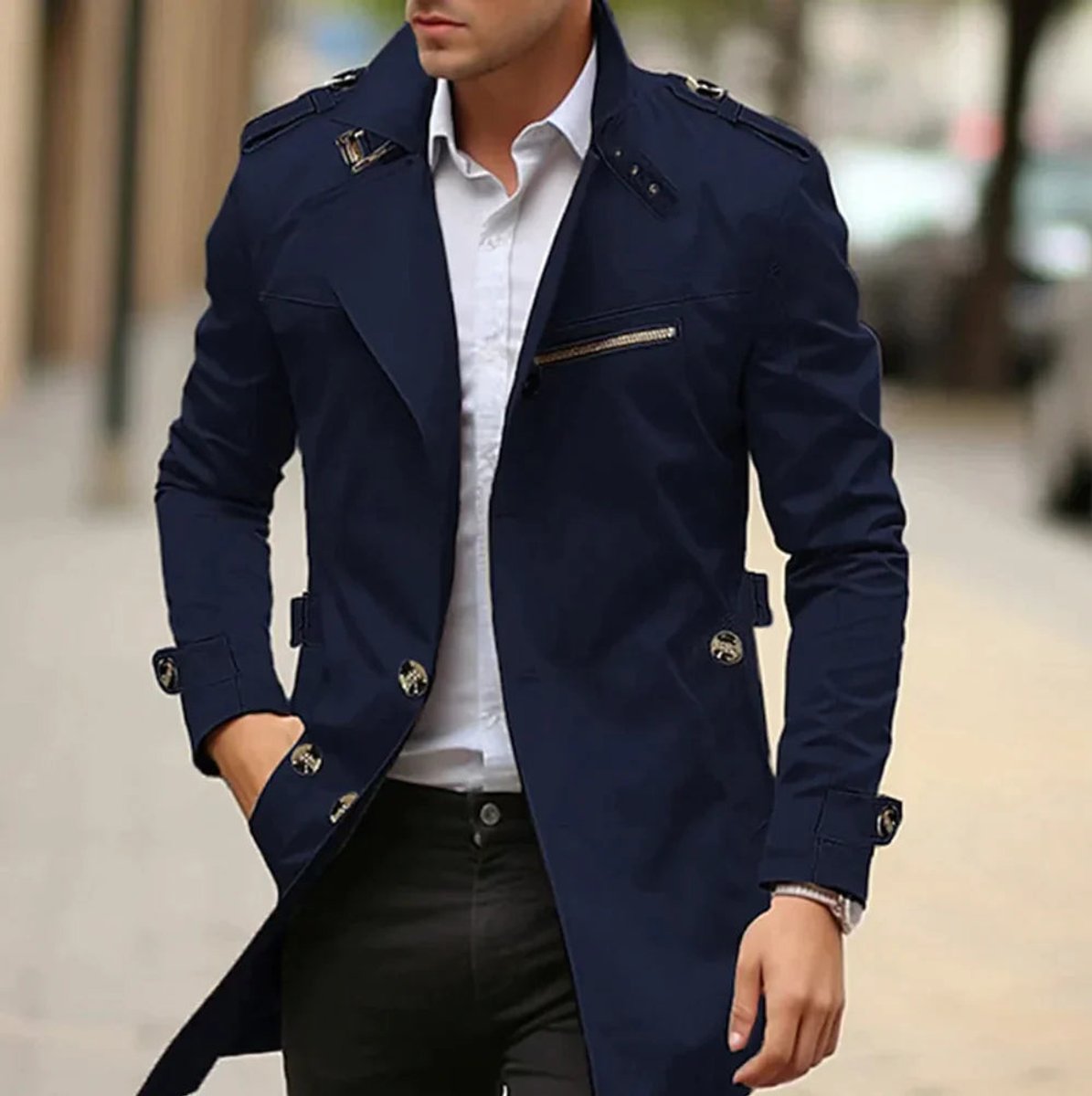 Men's wool slim-fit double-breasted trench coat by Christine Brewer, featuring a classic design and tailored fit.
