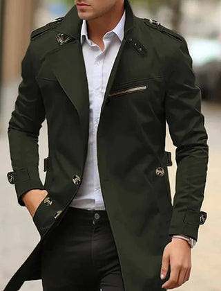 Men's wool slim-fit double-breasted trench coat by Christine Brewer, shown in a classic overcoat style with a tailored fit.