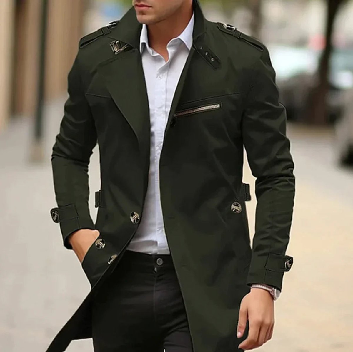 Men's wool slim-fit double-breasted trench coat by Christine Brewer, shown in a classic overcoat style with a tailored fit.