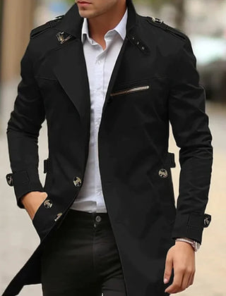 Men's wool coat by Christine Brewer, slim-fit double-breasted trench overcoat with classic design and tailored fit.