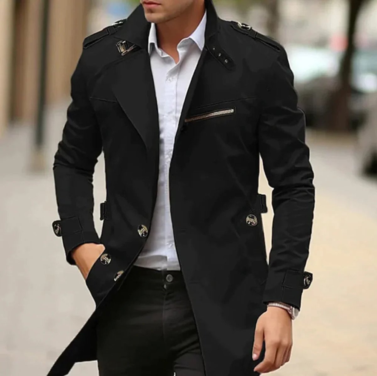 Men's wool coat by Christine Brewer, slim-fit double-breasted trench overcoat with classic design and tailored fit.