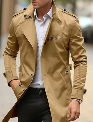 Men's wool coat by Christine Brewer, slim-fit double-breasted trench overcoat with classic style and tailored fit.