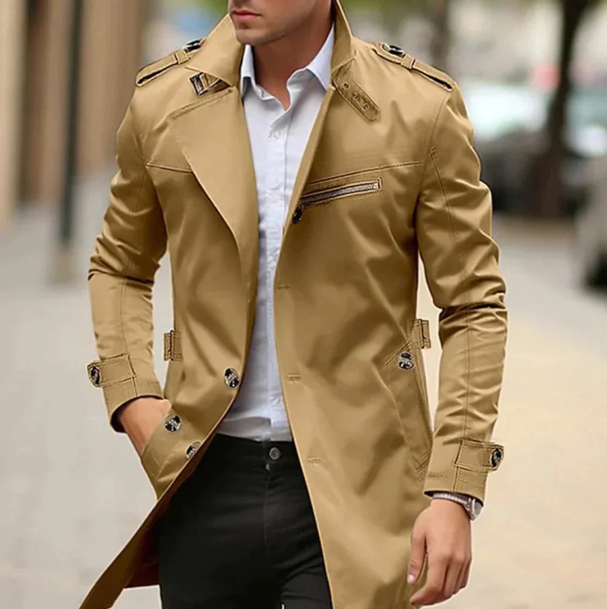 Men's wool coat by Christine Brewer, slim-fit double-breasted trench overcoat with classic style and tailored fit.