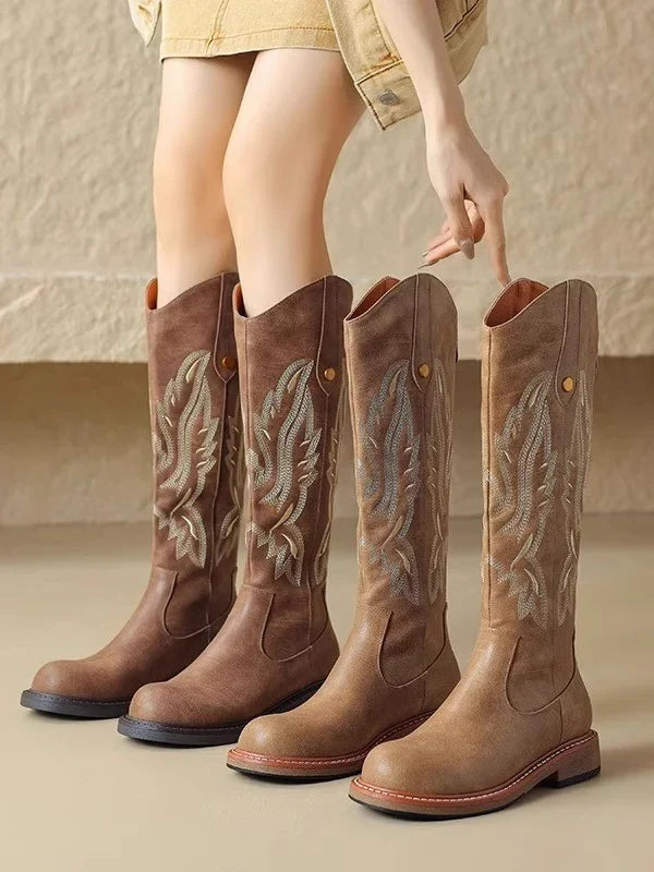 Alina1 | Knee High Boots, Biker Boots, Women, Round Toe, Block Heel, Embroidered, Back Zip,