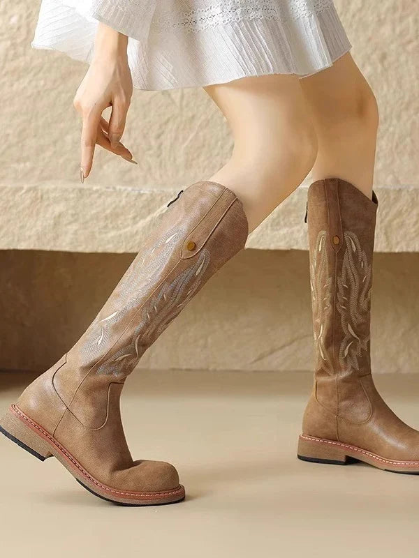 Alina1 | Knee High Boots, Biker Boots, Women, Round Toe, Block Heel, Embroidered, Back Zip,