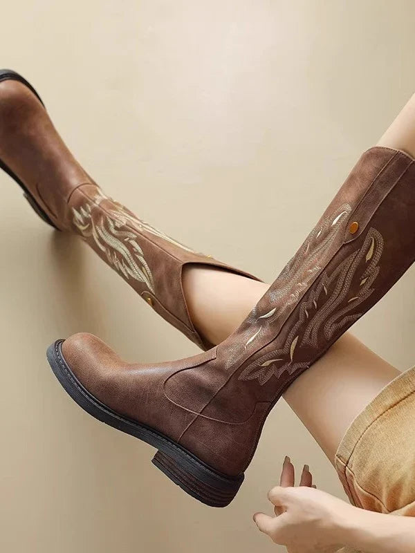Alina1 | Knee High Boots, Biker Boots, Women, Round Toe, Block Heel, Embroidered, Back Zip,