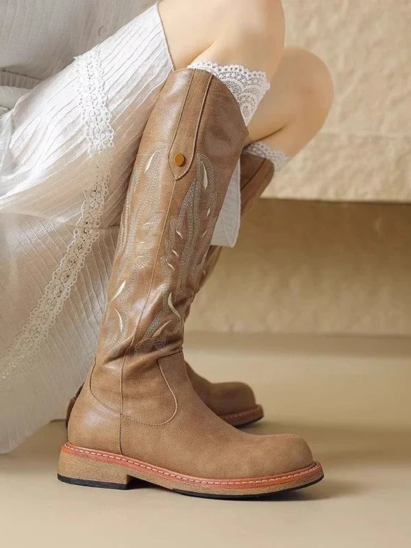 Alina1 | Knee High Boots, Biker Boots, Women, Round Toe, Block Heel, Embroidered, Back Zip,