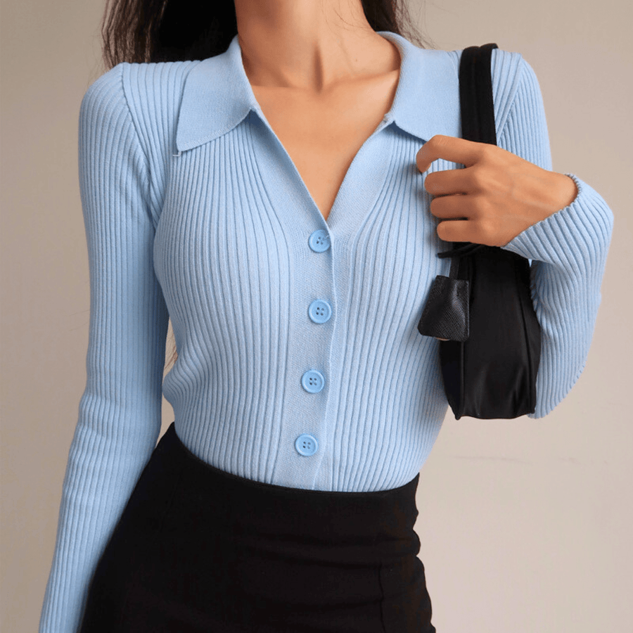 Marisse | Ribbed Knit Top Sweater Button Front V-Neck Pointed Collar Slim Fit Women Stretch
