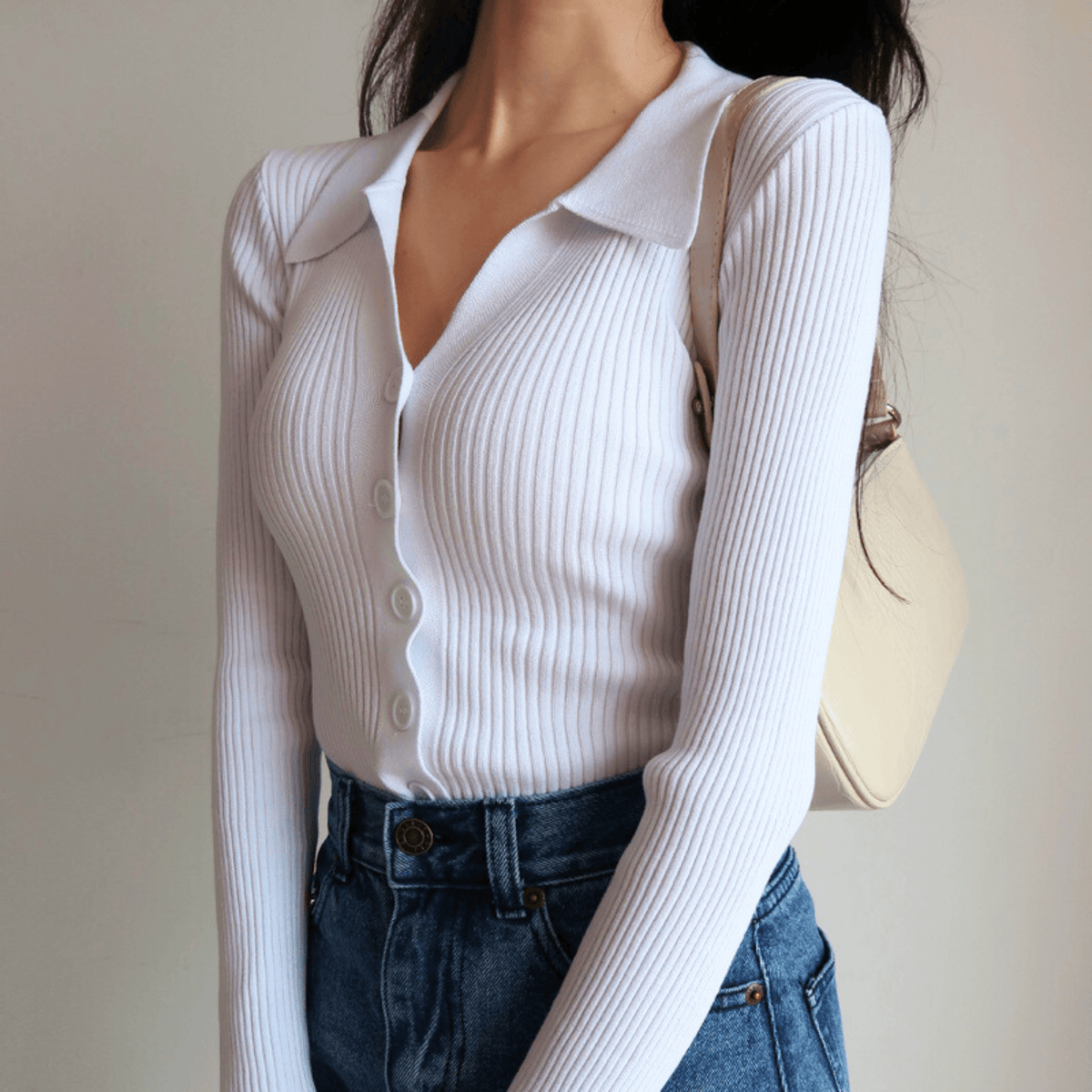 Marisse | Ribbed Knit Top Sweater Button Front V-Neck Pointed Collar Slim Fit Women Stretch