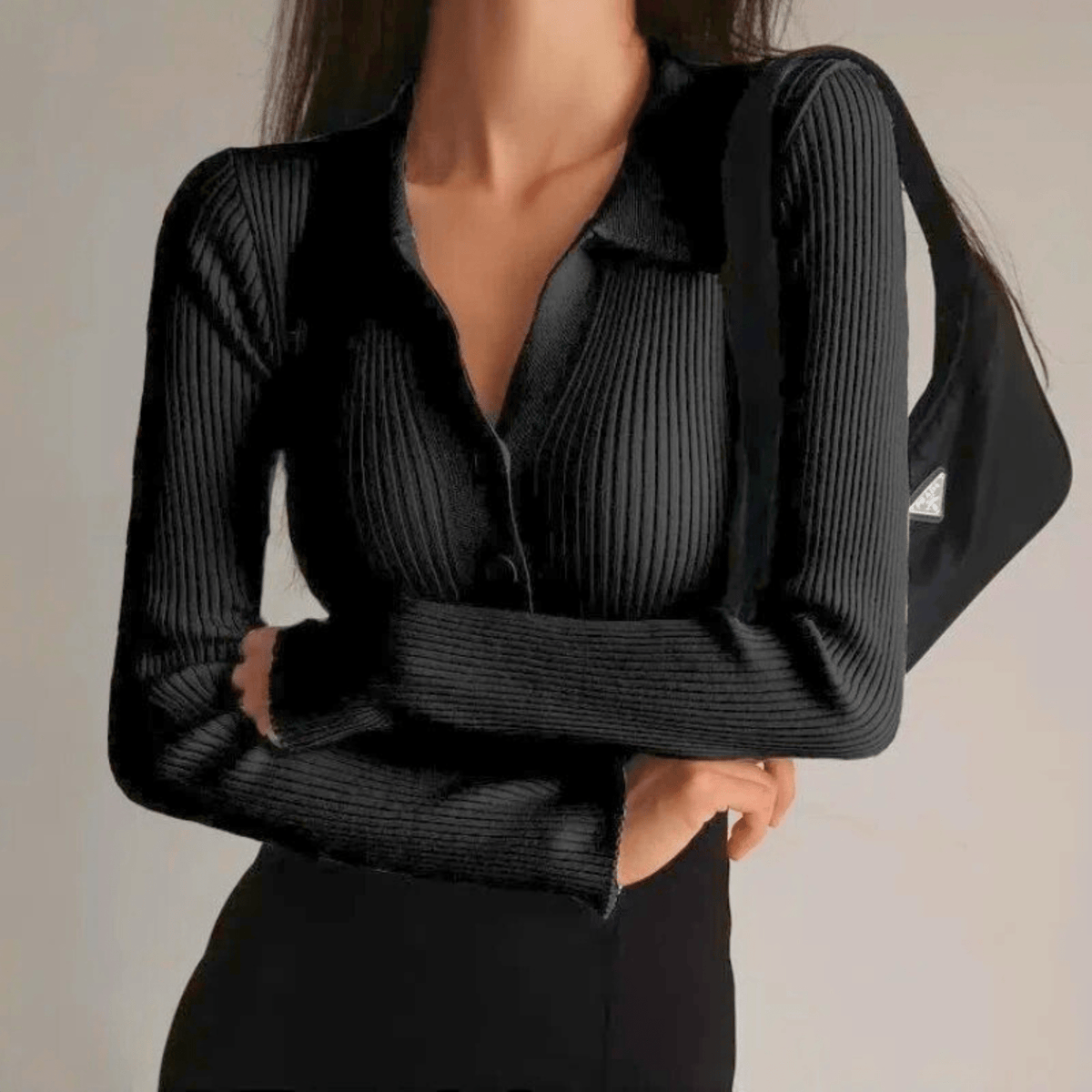 Marisse | Ribbed Knit Top Sweater Button Front V-Neck Pointed Collar Slim Fit Women Stretch