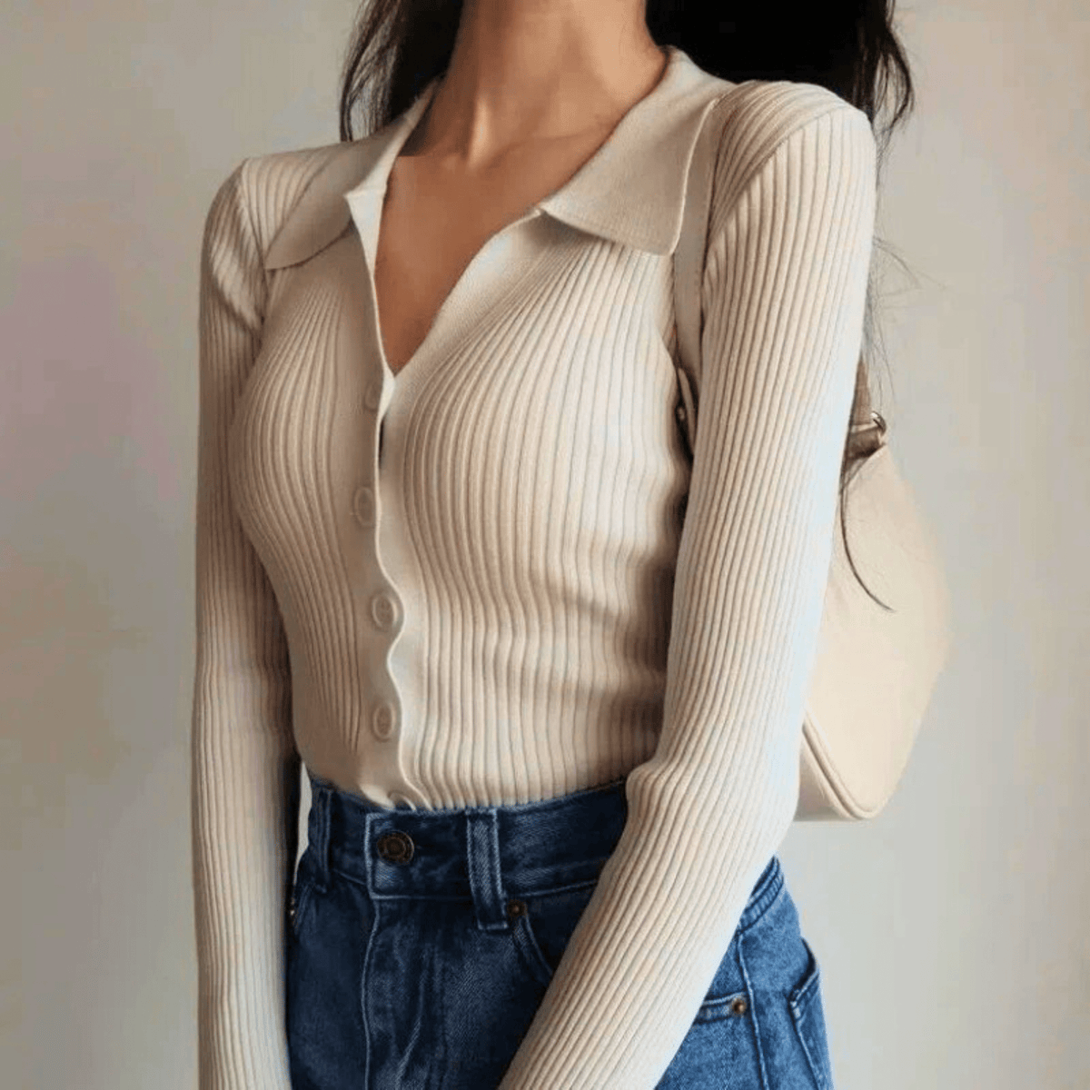 Marisse | Ribbed Knit Top Sweater Button Front V-Neck Pointed Collar Slim Fit Women Stretch