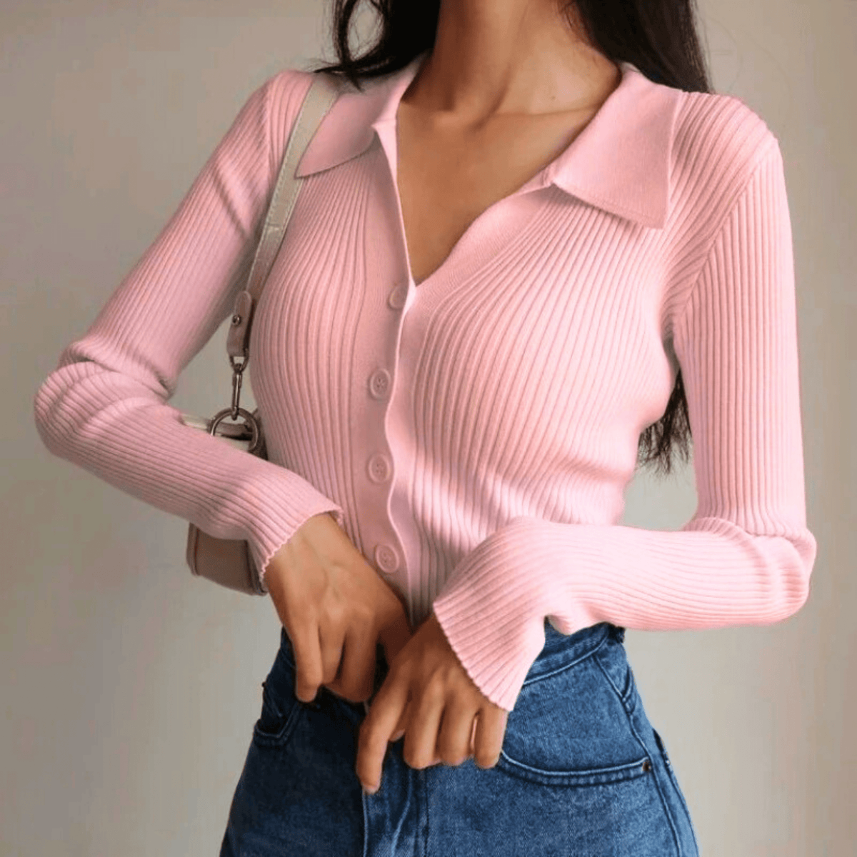 Marisse | Ribbed Knit Top Sweater Button Front V-Neck Pointed Collar Slim Fit Women Stretch