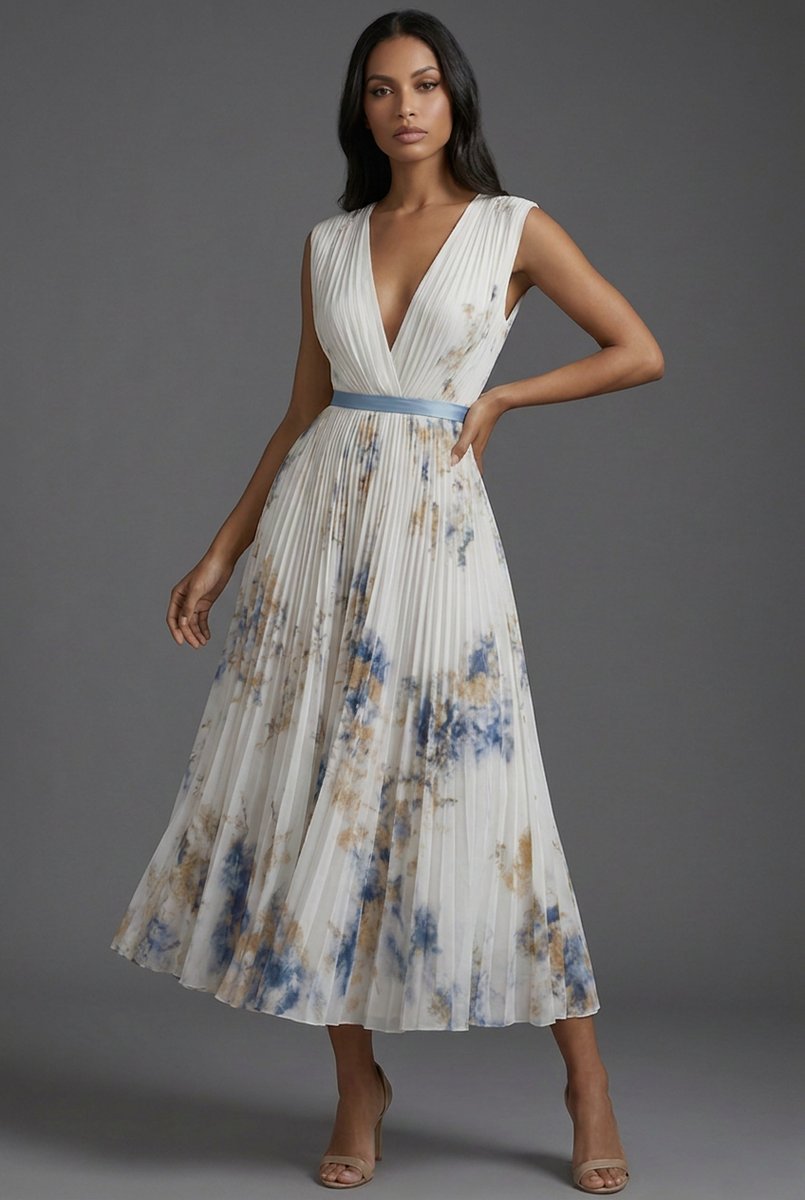 Bridie | Floral Pleated V-Neck Midi Dress for Women