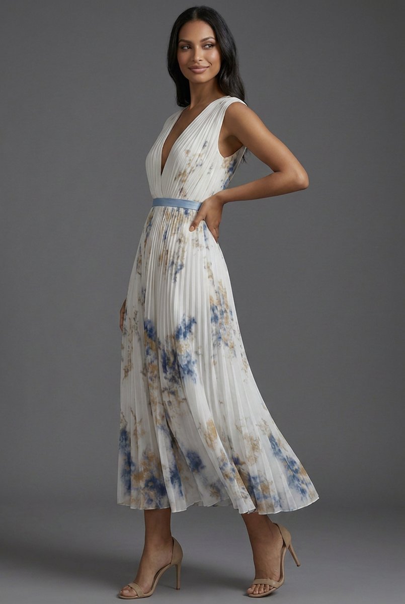 Bridie | Floral Pleated V-Neck Midi Dress for Women