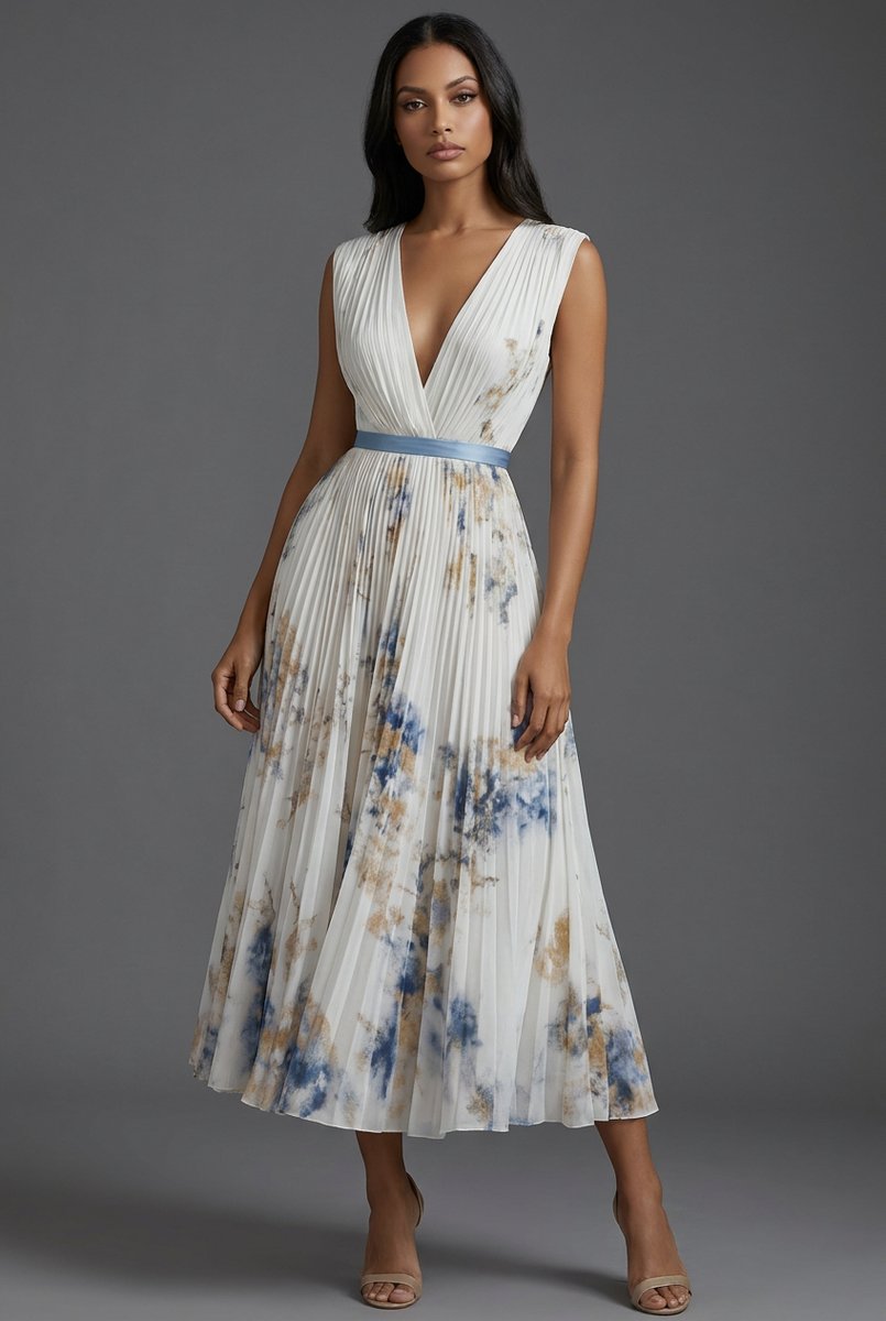 Bridie | Floral Pleated V-Neck Midi Dress for Women