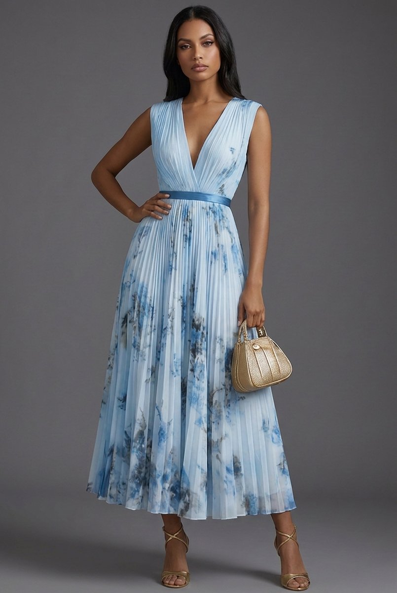 Bridie | Floral Pleated V-Neck Midi Dress for Women