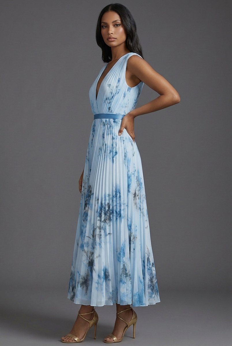 Bridie | Floral Pleated V-Neck Midi Dress for Women