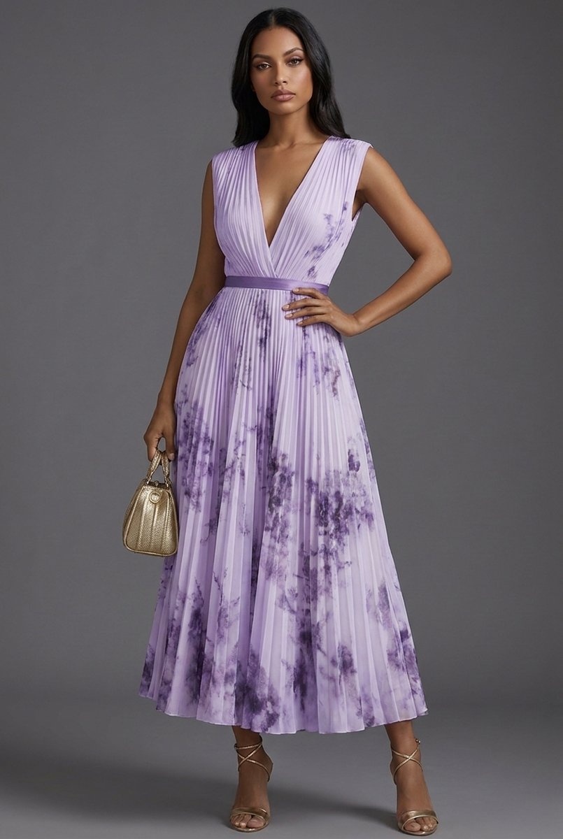 Bridie | Floral Pleated V-Neck Midi Dress for Women