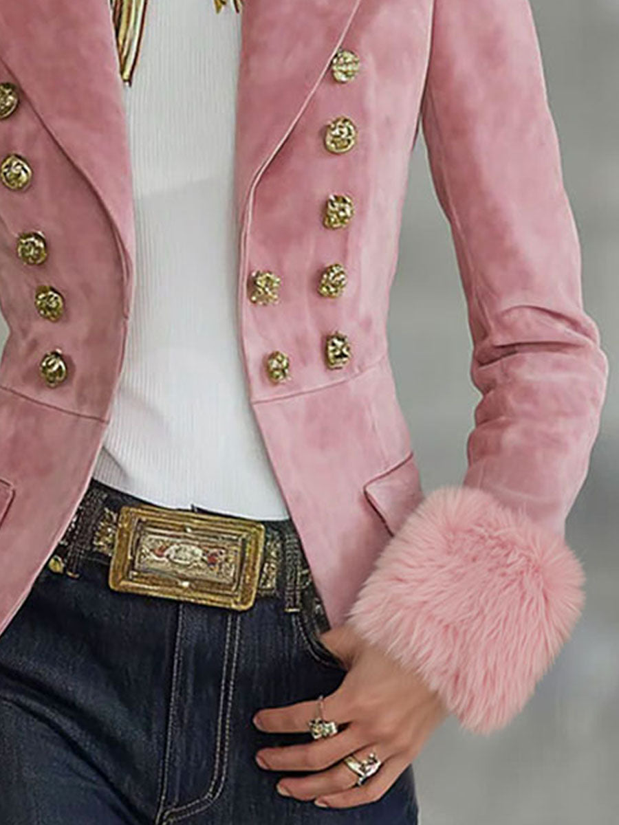 Pink faux suede and fur blazer by Christine Brewer featuring multi-button lapel and tailored jacket design.