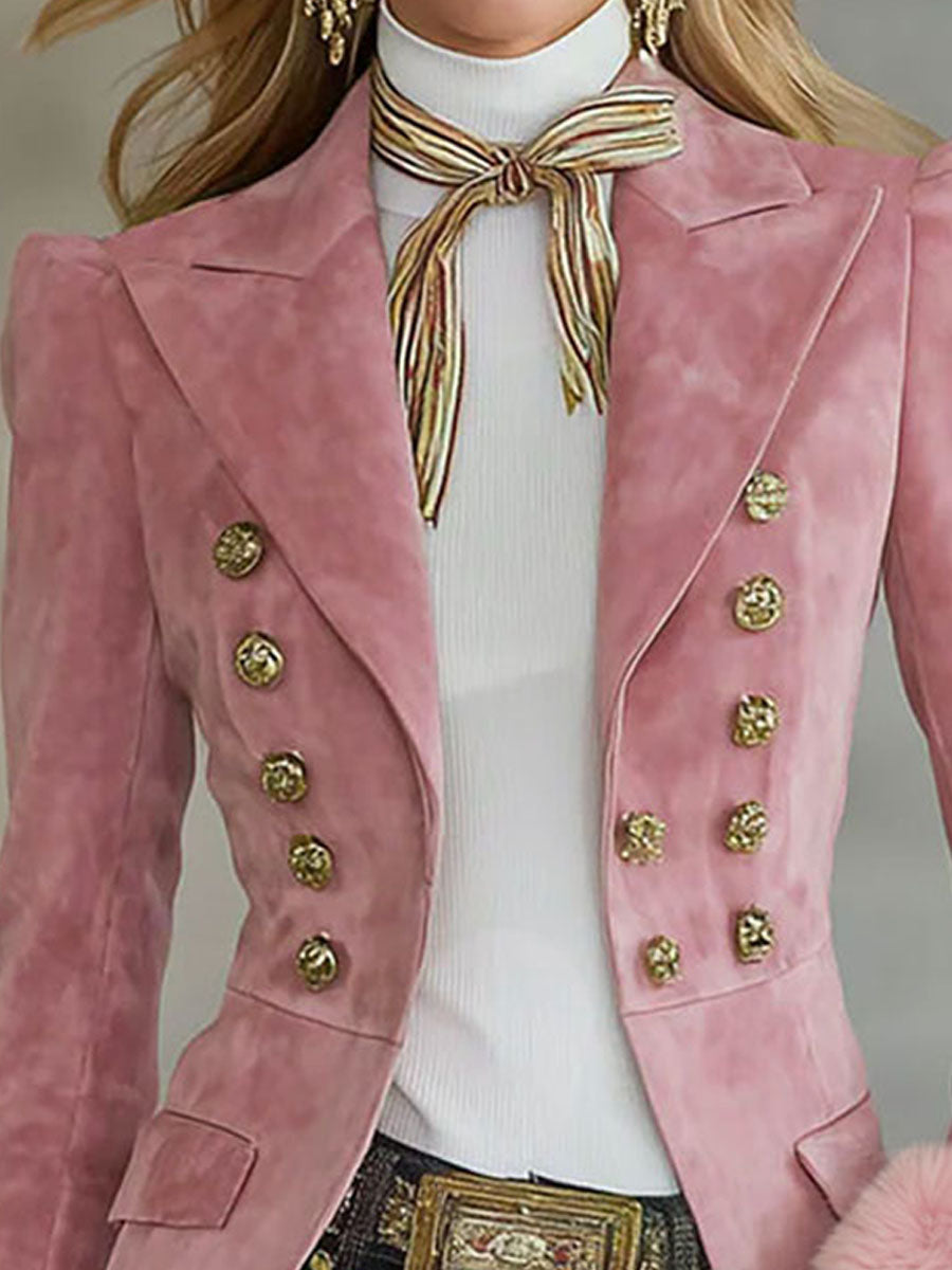 Pink faux suede and fur blazer with multi-button lapel, stylish jacket from Christine Brewer, featuring a chic, textured design.