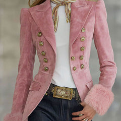 Pink faux suede and fur blazer by Christine Brewer with multi-button lapel, stylish jacket for a chic look.