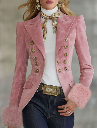 Pink faux suede and fur blazer by Christine Brewer with multi-button lapel, stylish jacket for a chic look.