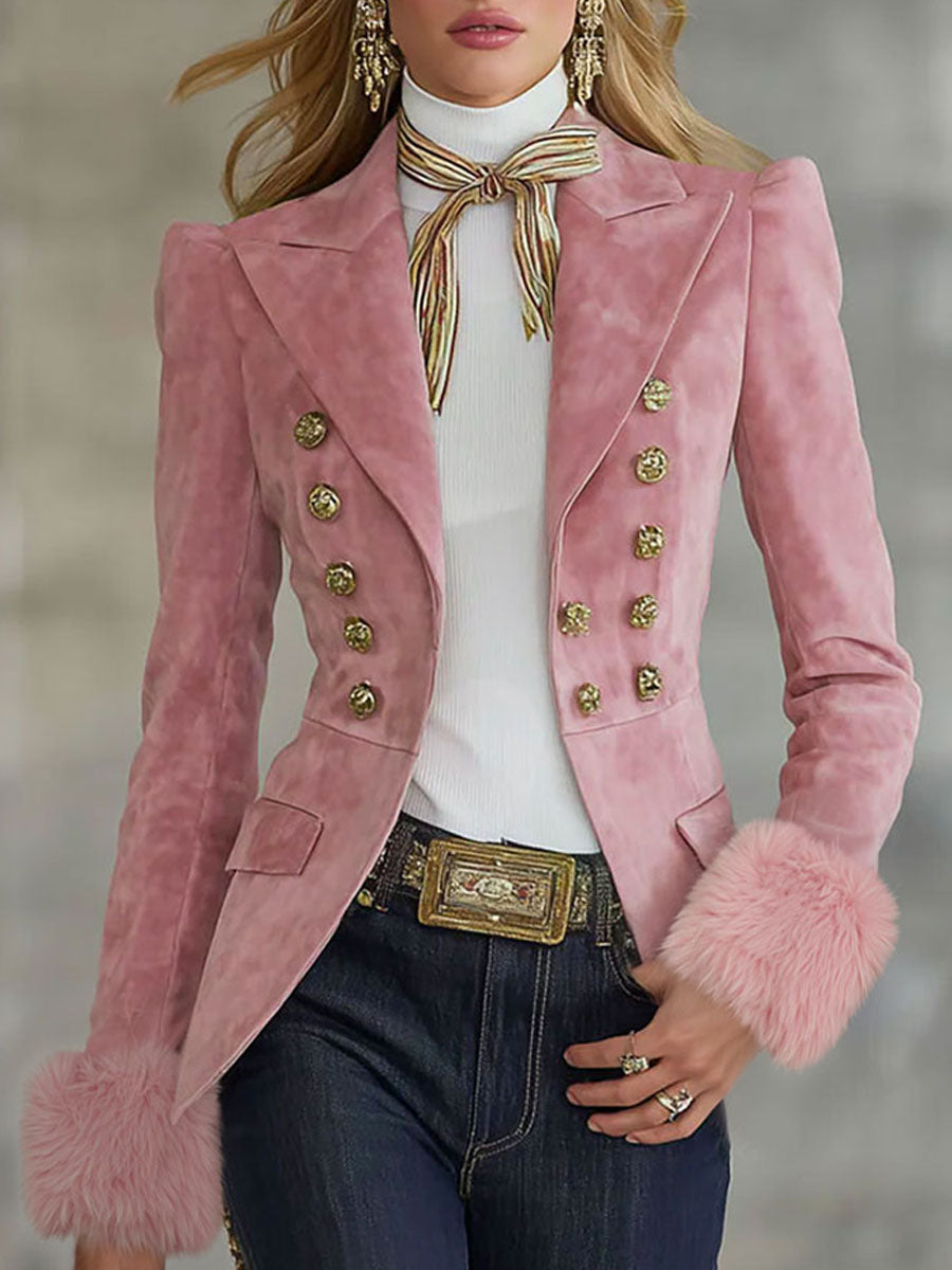 Pink faux suede and fur blazer by Christine Brewer with multi-button lapel, stylish jacket for a chic look.