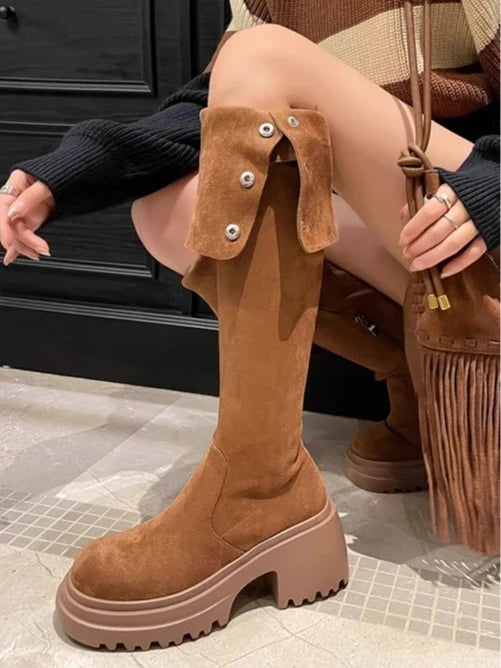 Brooklyn1 | Knee High Boots, Biker Boots, Women, Suede, Round Toe, Block Heel, Side Zip,