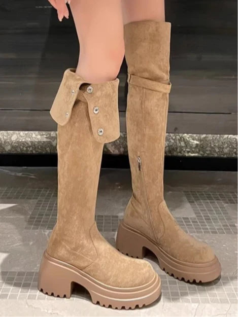 Brooklyn1 | Knee High Boots, Biker Boots, Women, Suede, Round Toe, Block Heel, Side Zip,