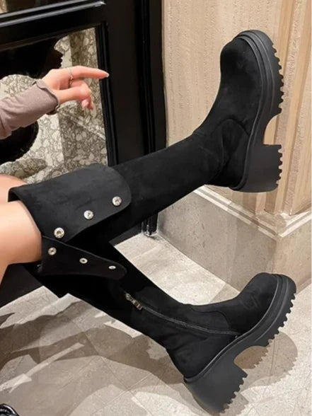 Brooklyn1 | Knee High Boots, Biker Boots, Women, Suede, Round Toe, Block Heel, Side Zip,