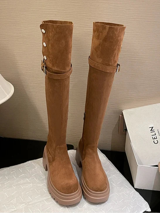 Brooklyn1 | Knee High Boots, Biker Boots, Women, Suede, Round Toe, Block Heel, Side Zip,