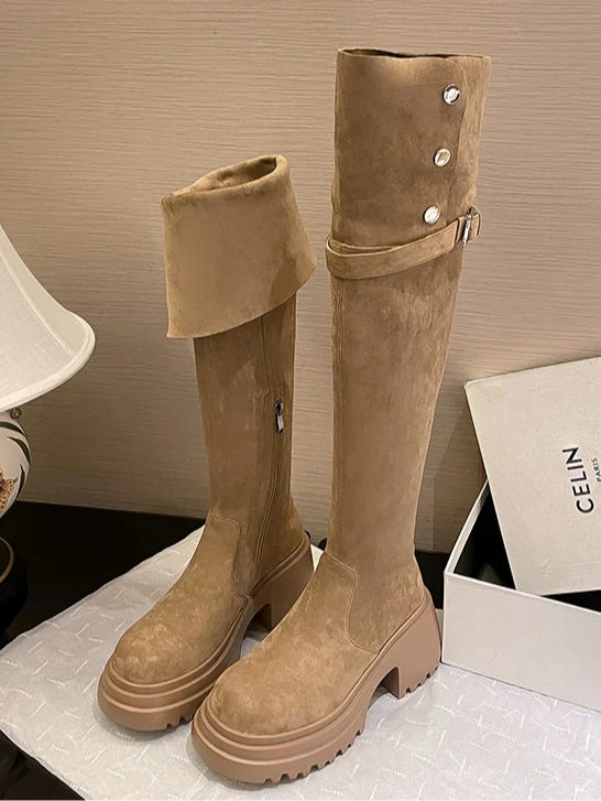 Brooklyn1 | Knee High Boots, Biker Boots, Women, Suede, Round Toe, Block Heel, Side Zip,