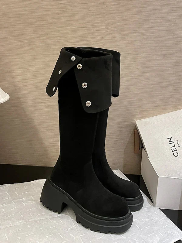Brooklyn1 | Knee High Boots, Biker Boots, Women, Suede, Round Toe, Block Heel, Side Zip,