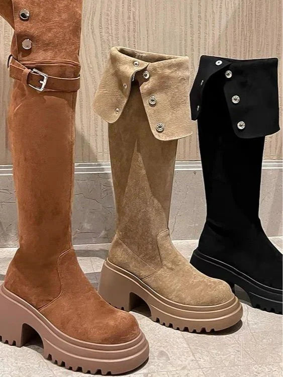 Brooklyn1 | Knee High Boots, Biker Boots, Women, Suede, Round Toe, Block Heel, Side Zip,
