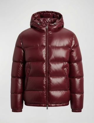Red quilted puffer jacket for women by Christine Brewer, featuring a stylish and warm design in a close-up image.
