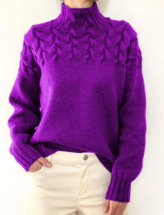 Purple women's turtleneck sweater by Christine Brewer, knitwear with a cozy, fitted design, shown draped on a model.