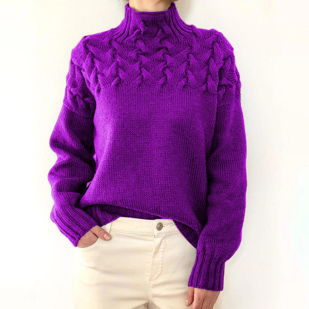 Purple women's turtleneck sweater by Christine Brewer, knitwear with a cozy, fitted design, shown draped on a model.