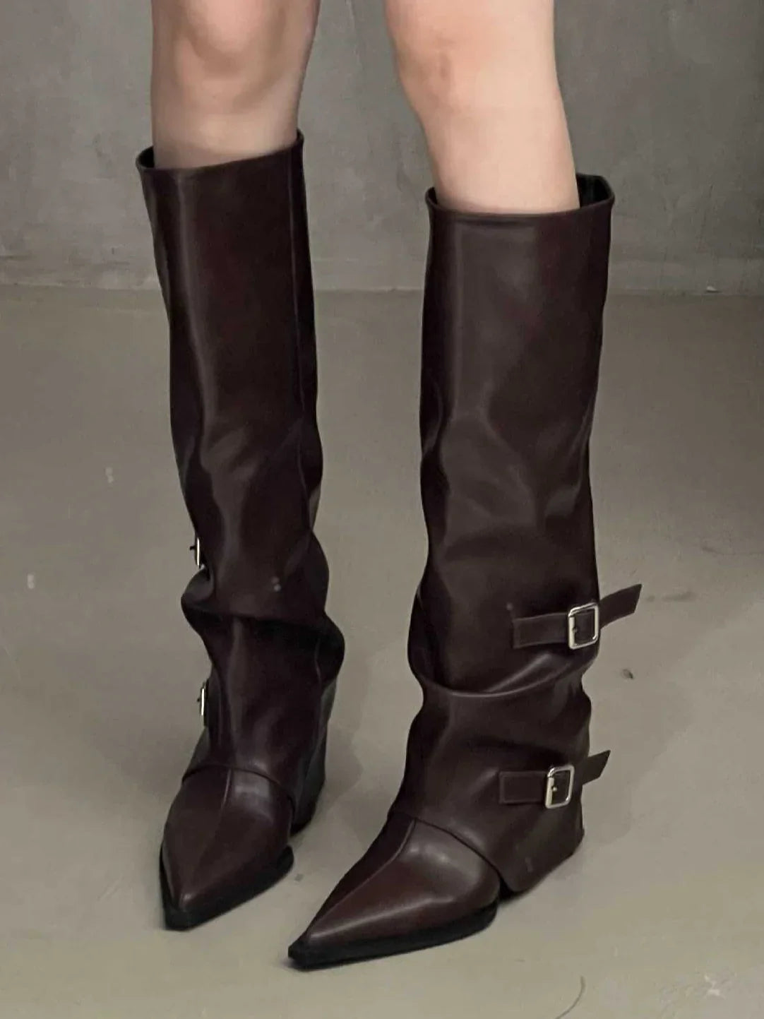 Ella1 | Biker Boots, Women, Pointed Toe, Block Heel, Buckle Strap, Slip On, Combat Boots,